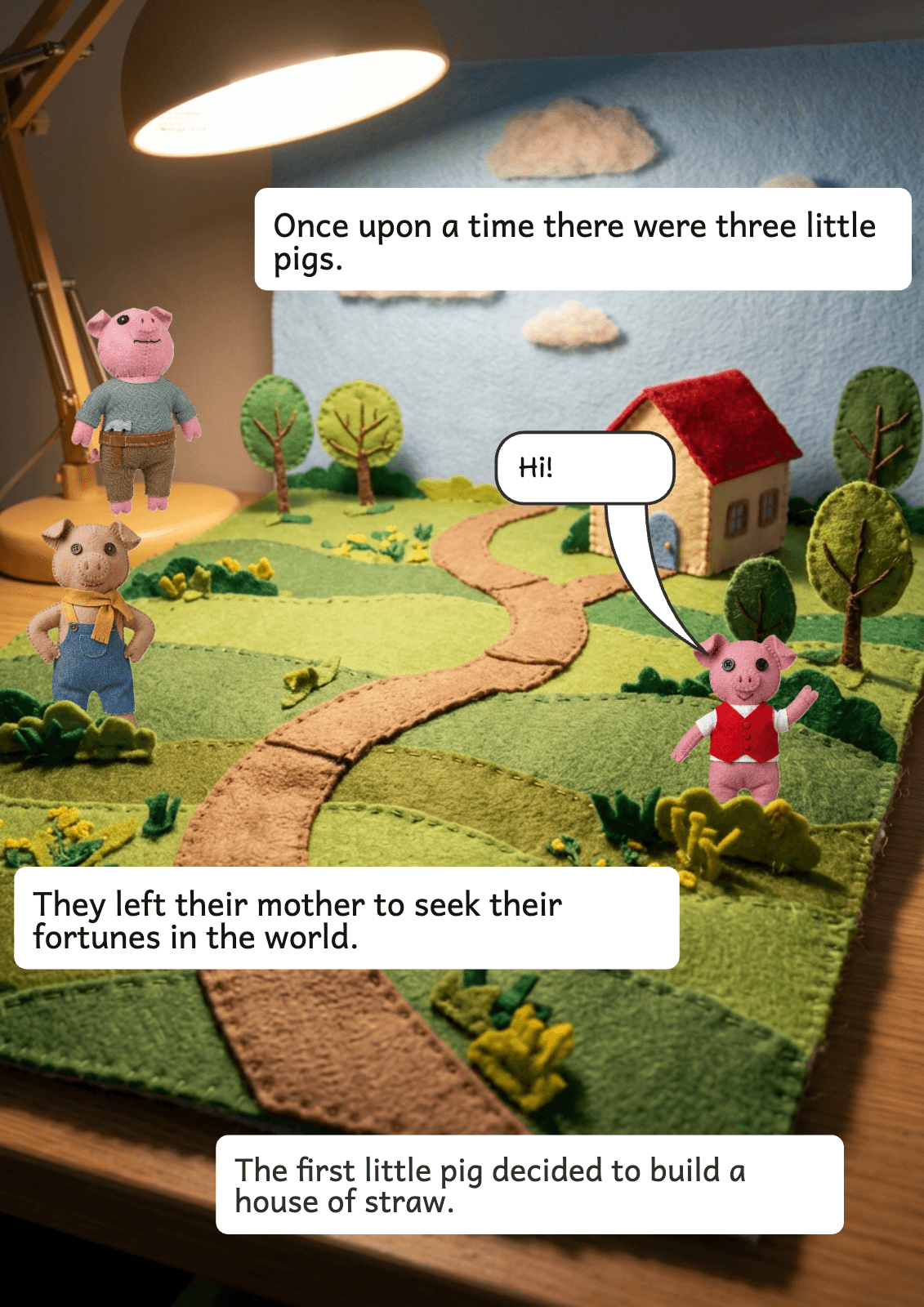 Page 2: Once upon a time there were three little pigs. Hi! They left their mother to seek their fortunes in the world. The first little pig decided to build a house of straw.