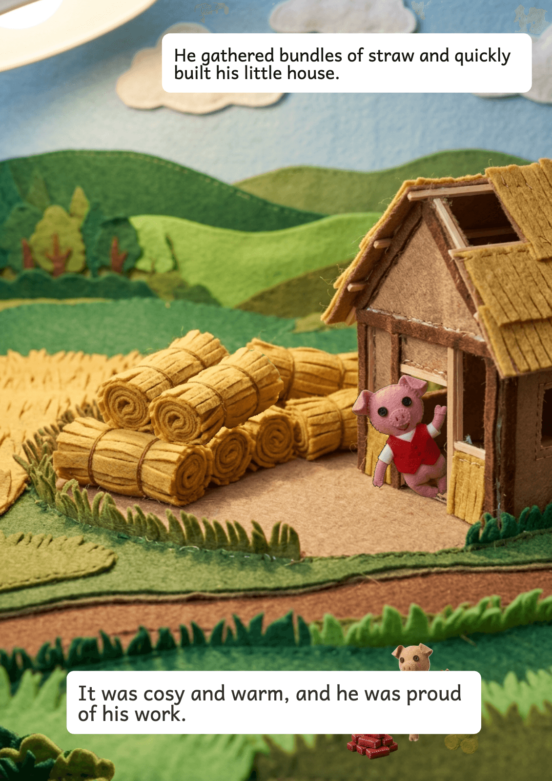 Page 3: He gathered bundles of straw and quickly built his little house. It was cosy and warm, and he was proud of his work.