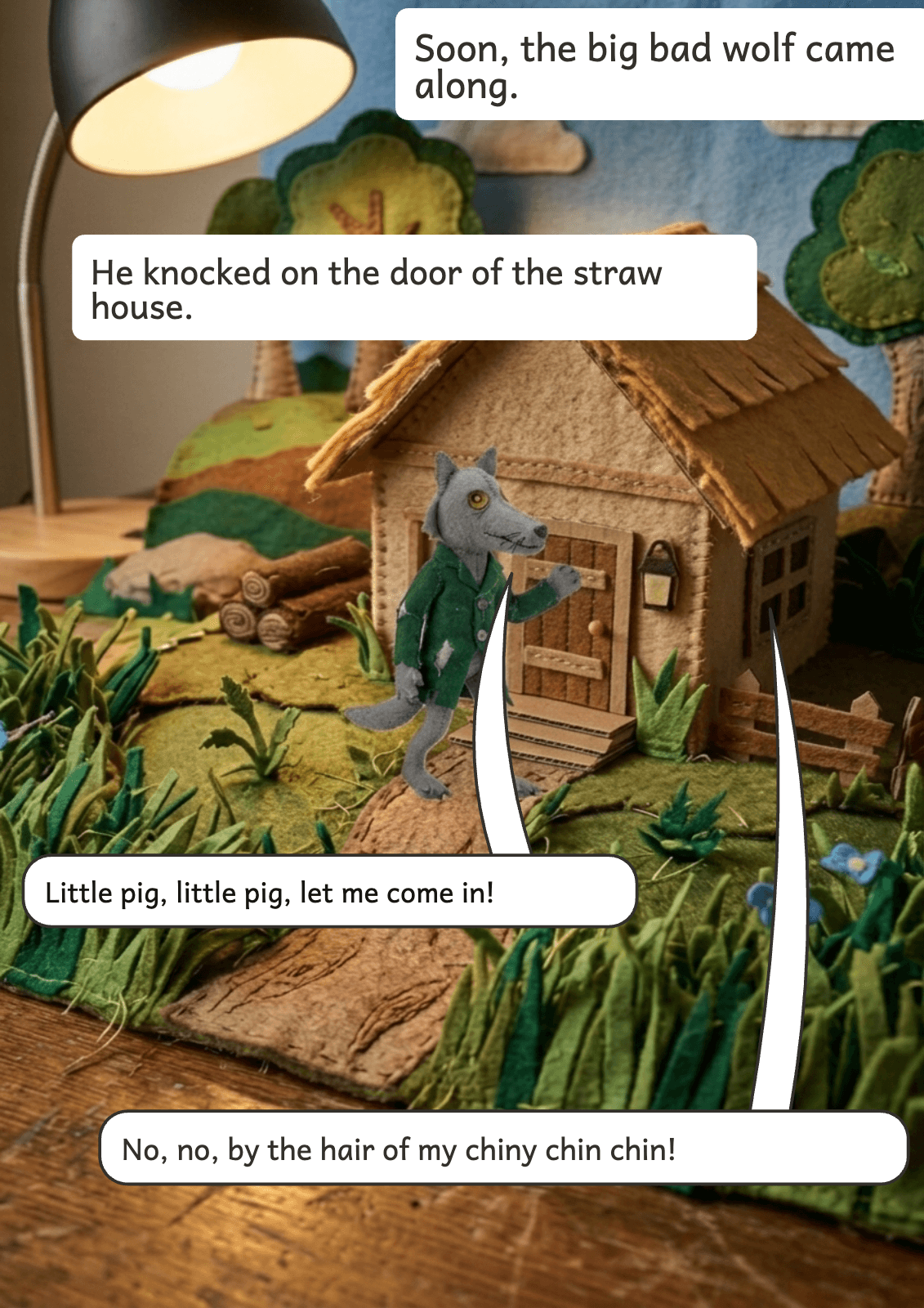 Page 4: Soon, the big bad wolf came along. He knocked on the door of the straw house. Little pig, little pig, let me come in! No, no, by the hair of my chiny chin chin!