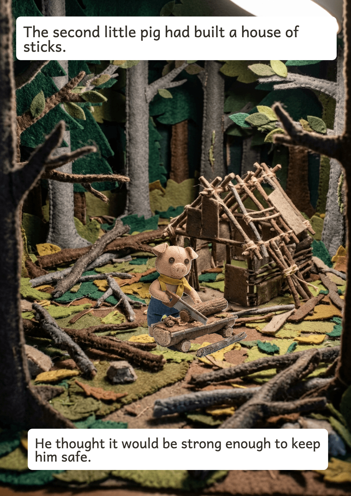 Page 6: The second little pig had built a house of sticks. He thought it would be strong enough to keep him safe.
