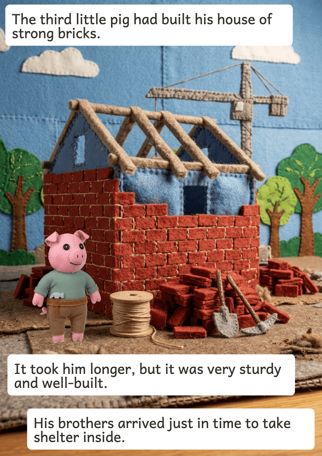 Page 9: The third little pig had built his house of strong bricks. It took him longer, but it was very sturdy and well-built. His brothers arrived just in time to take shelter inside.