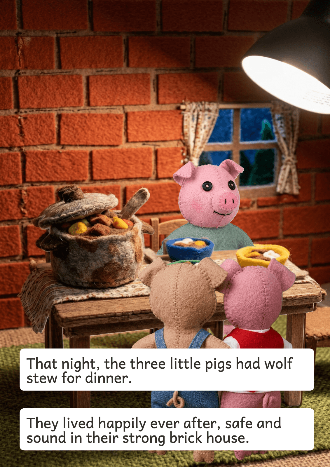 Page 14: That night, the three little pigs had wolf stew for dinner. They lived happily ever after, safe and sound in their strong brick house.